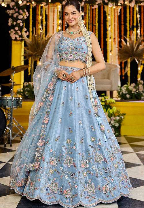Embroidered Satin Silk Lehenga in Sky Blue