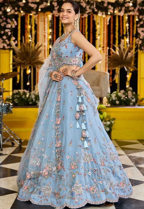 Embroidered Satin Silk Lehenga in Sky Blue