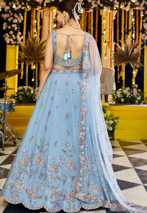 Embroidered Satin Silk Lehenga in Sky Blue