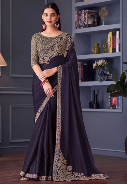 Embroidered Satin Silk Saree in Purple