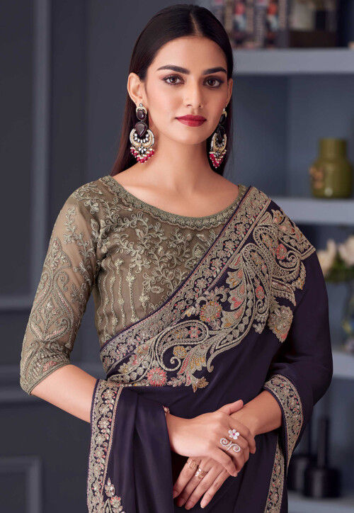 Embroidered Satin Silk Saree in Purple