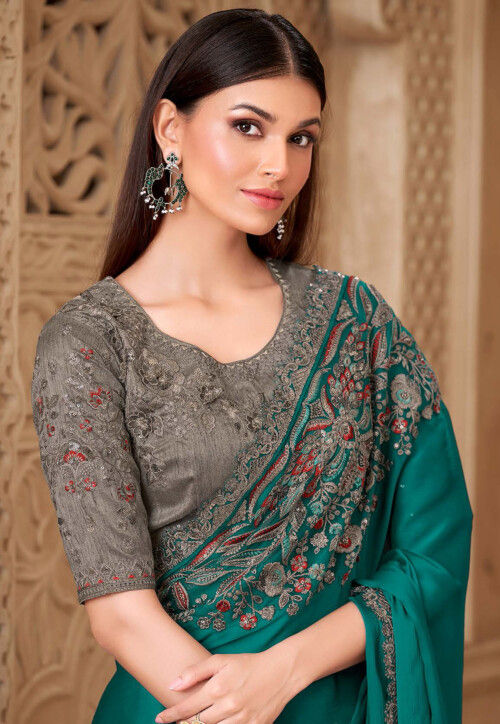 Embroidered Satin Silk Saree in Teal Blue
