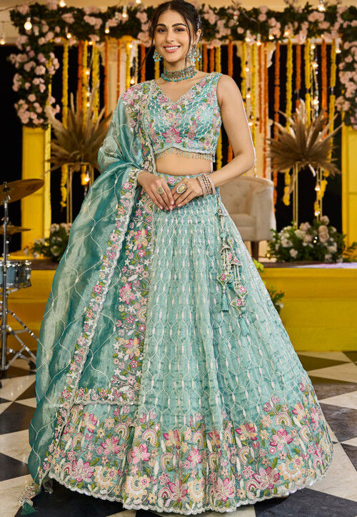 Embroidered Satin Silk Scalloped Lehenga in Light Blue