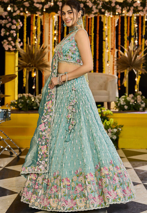 Embroidered Satin Silk Scalloped Lehenga in Light Blue