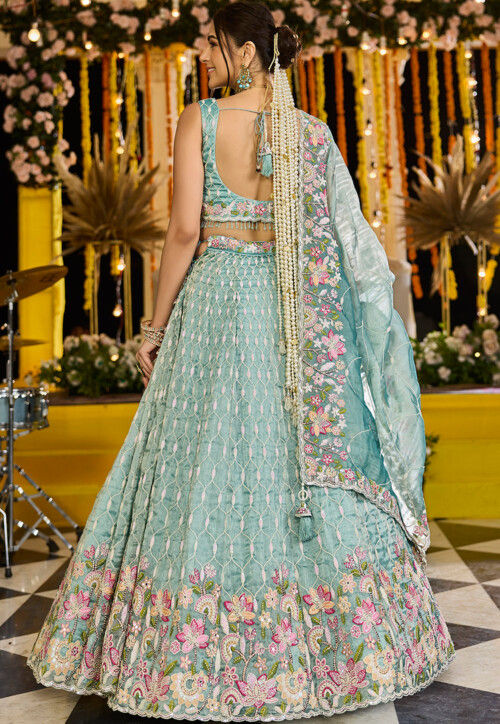 Embroidered Satin Silk Scalloped Lehenga in Light Blue