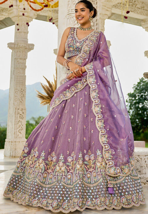 Embroidered Satin Silk Scalloped Lehenga in Purple