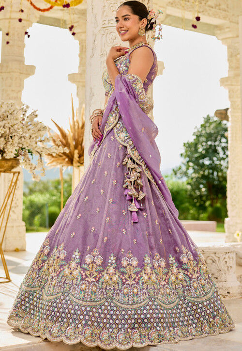 Embroidered Satin Silk Scalloped Lehenga in Purple