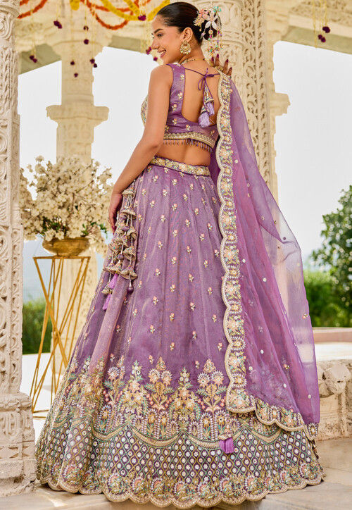Embroidered Satin Silk Scalloped Lehenga in Purple