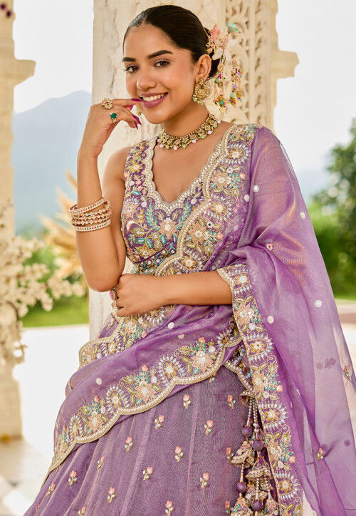 Embroidered Satin Silk Scalloped Lehenga in Purple