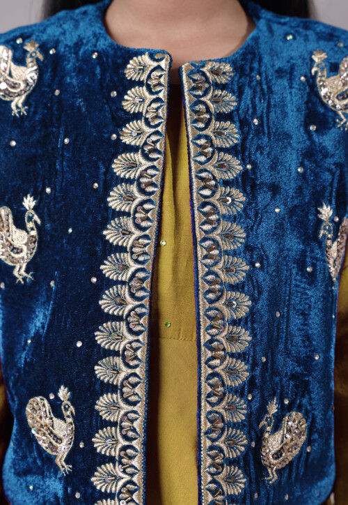 Embroidered Shantoon Asymmetric Kurta Set in Green and Blue