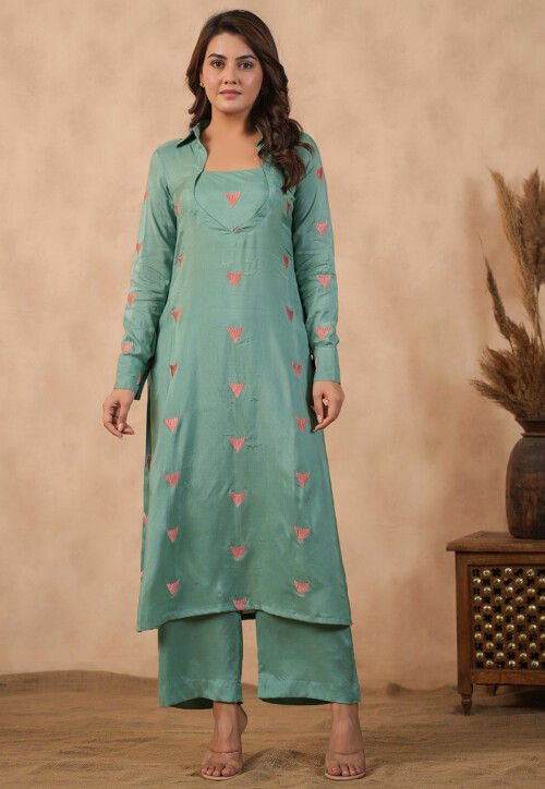 Embroidered Shantoon Straight Kurta Set in Dusty Green