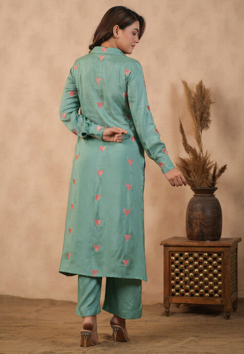 Embroidered Shantoon Straight Kurta Set in Dusty Green