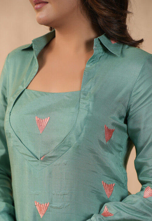 Embroidered Shantoon Straight Kurta Set in Dusty Green
