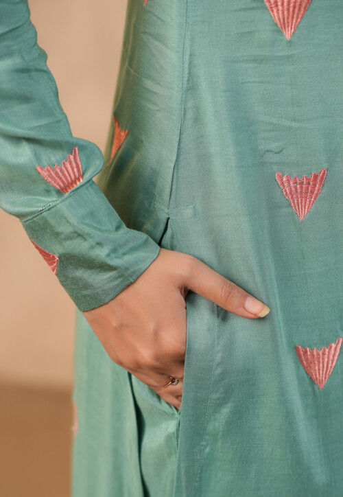 Embroidered Shantoon Straight Kurta Set in Dusty Green