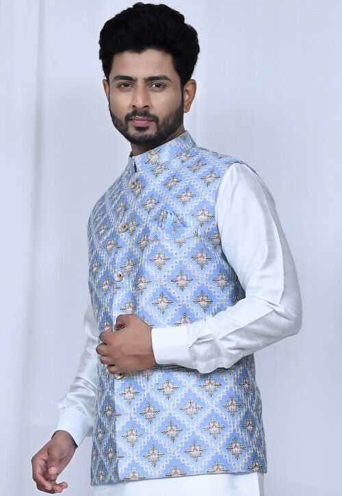 Floral Embroidered Silk Nehru Jacket