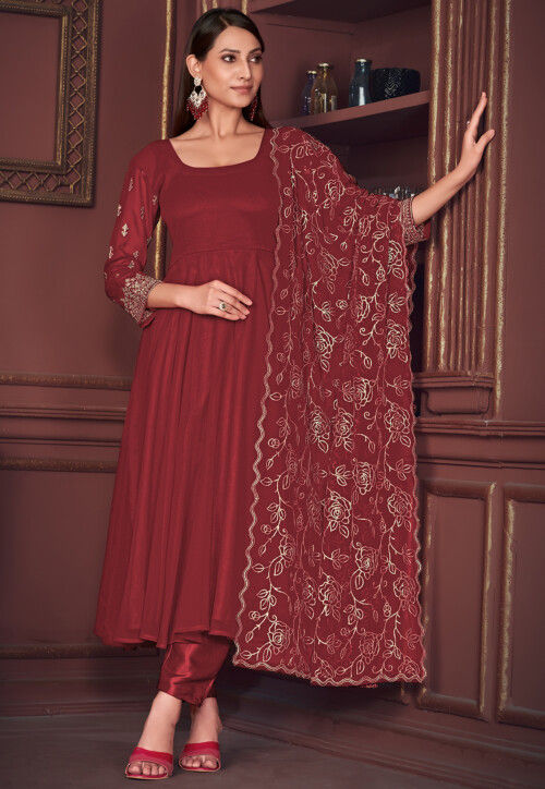 Embroidered Sleeve Georgette Anarkali Suit in Maroon