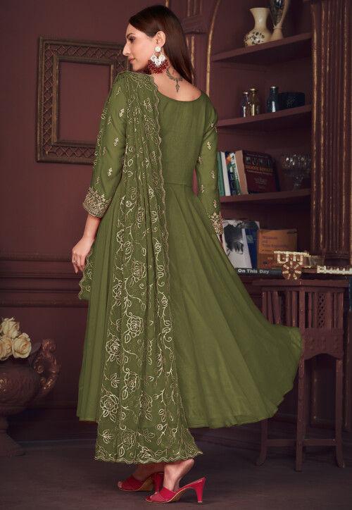 Embroidered Sleeve Georgette Anarkali Suit in Olive Green