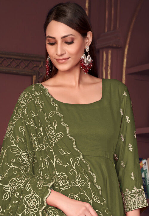 Embroidered Sleeve Georgette Anarkali Suit in Olive Green