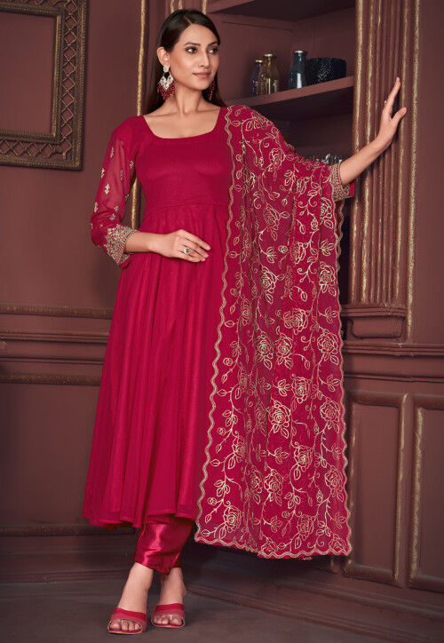 Buy Embroidered Sleeve Georgette Anarkali Suit in Pink Online : KGJ168 ...