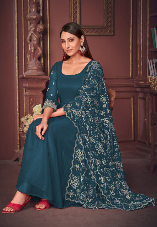 Embroidered Sleeve Georgette Anarkali Suit in Teal Blue
