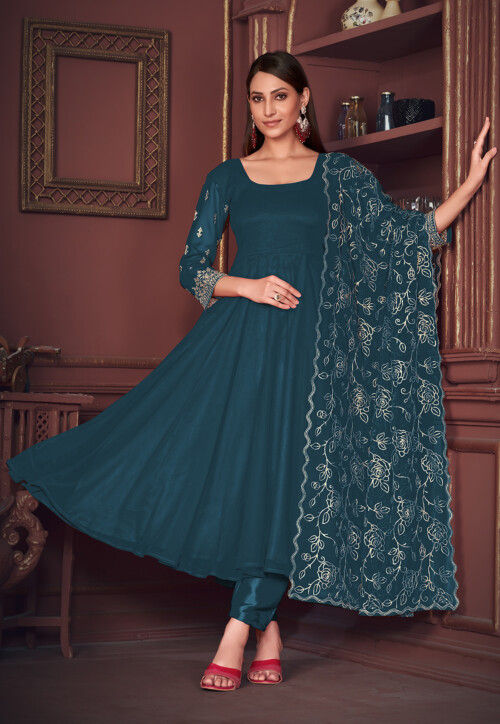 Embroidered Sleeve Georgette Anarkali Suit in Teal Blue