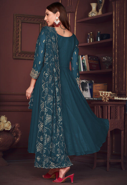 Embroidered Sleeve Georgette Anarkali Suit in Teal Blue