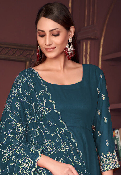 Embroidered Sleeve Georgette Anarkali Suit in Teal Blue