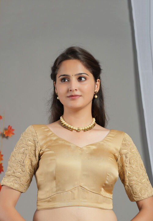 Embroidered Sleeve Shimmer Georgette Blouse in Beige