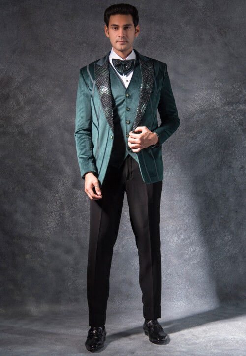 Embroidered Suede Tuxedo Set in Dark Green
