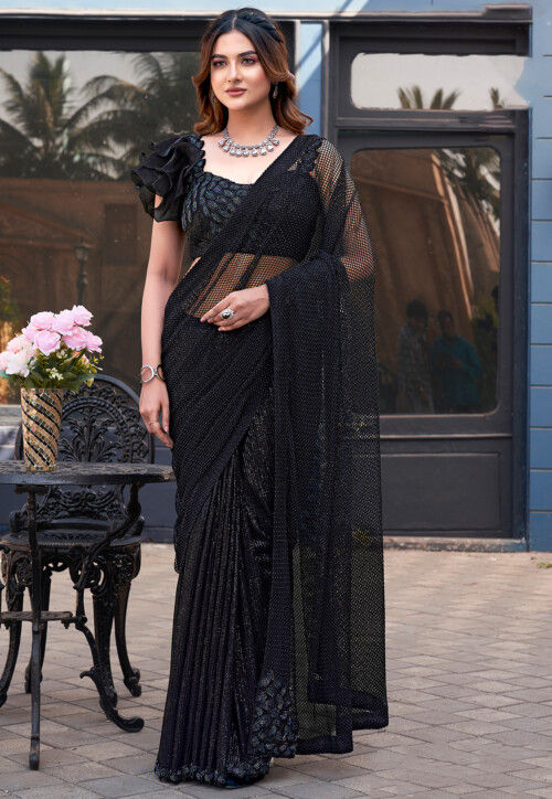 Embroidered Net Saree in Black