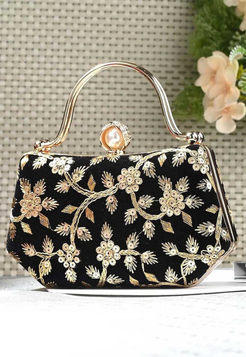 Embroidered Synthetic Rectangular Clutch Bag in Black