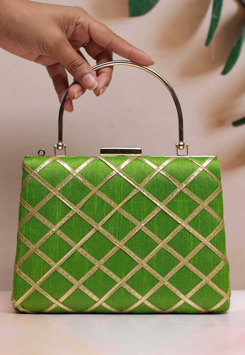 Embroidered Synthetic Rectangular Clutch Bag in Light Green