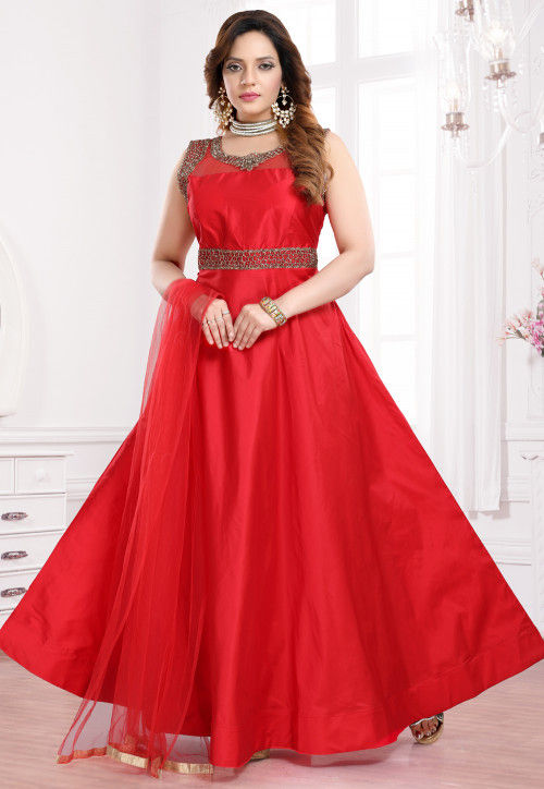 Embroidered Taffeta Silk Abaya Style Suit in Red : KUMT698