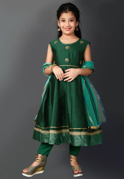 Embroidered Taffeta Silk Anarkali Suit in Dark Green