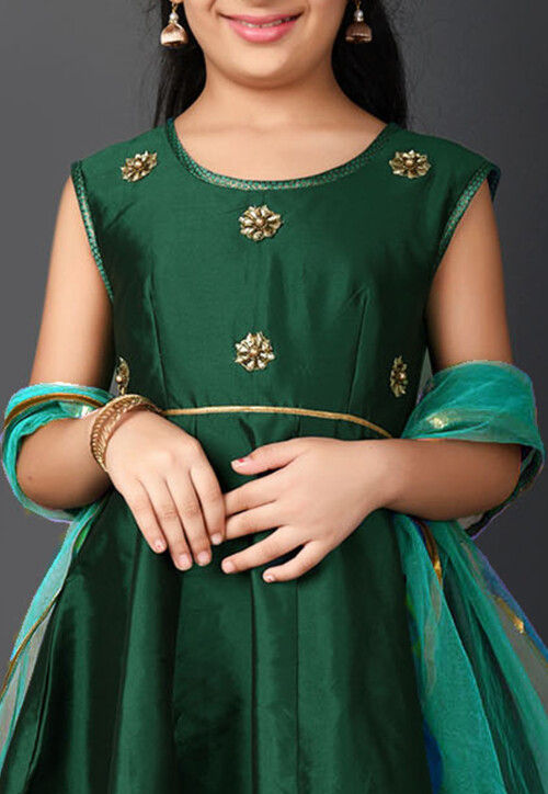 Embroidered Taffeta Silk Anarkali Suit in Dark Green