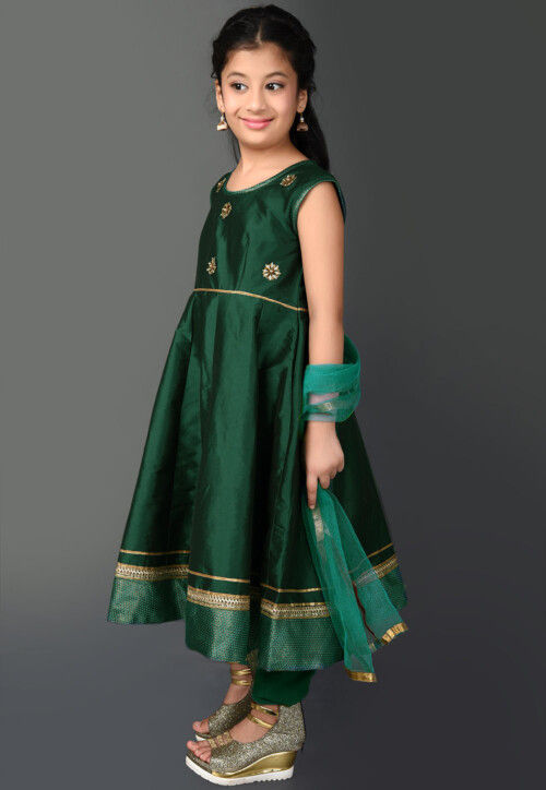 Embroidered Taffeta Silk Anarkali Suit in Dark Green