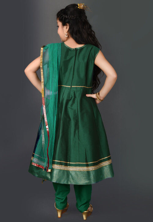 Embroidered Taffeta Silk Anarkali Suit in Dark Green