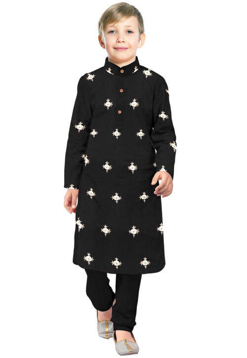 Embroidered Taffeta Silk Kurta Set in Black