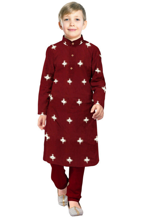 Embroidered Taffeta Silk Kurta Set in Maroon
