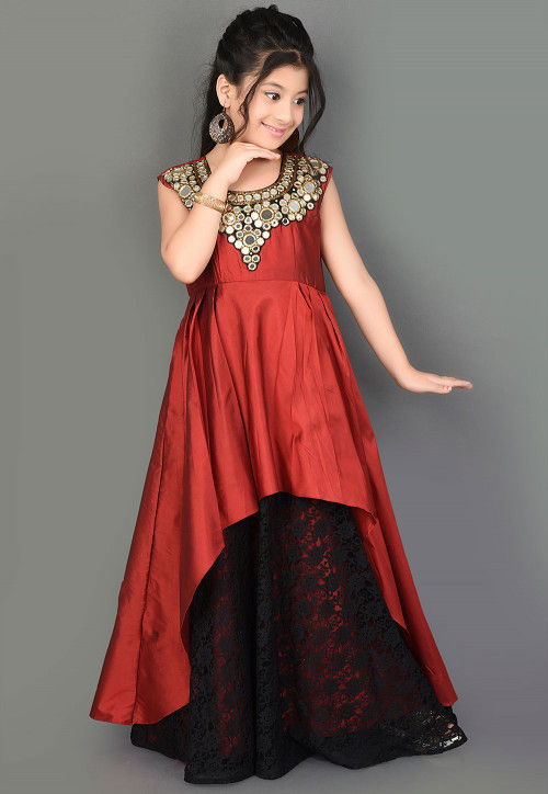 Embroidered Taffeta Silk Layered Gown in Maroon and Black