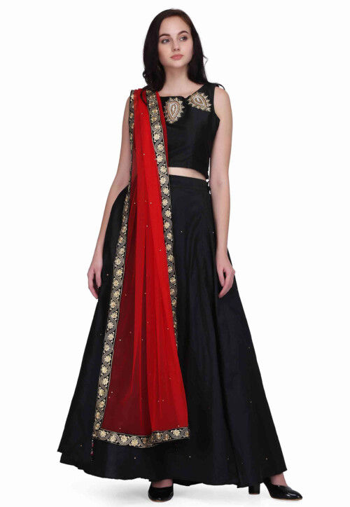 Embroidered Taffeta Silk Lehenga in Black