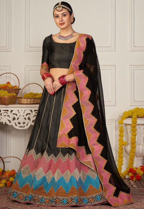 Buy Embroidered Taffeta Silk Lehenga in Black Online LJA268 Utsav Fashion