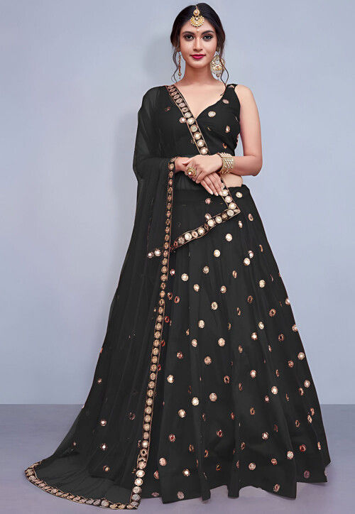 Embroidered Taffeta Silk Lehenga in Black