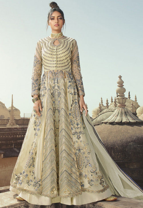Embroidered Net Lehenga in Dusty Green