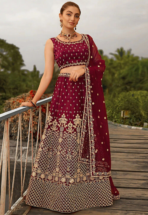 Embroidered Taffeta Silk Lehenga in Maroon