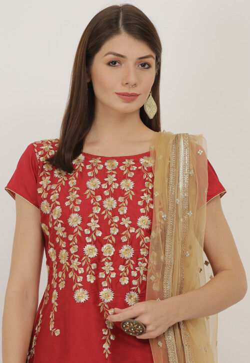 Embroidered Taffeta Silk Lehenga in Maroon