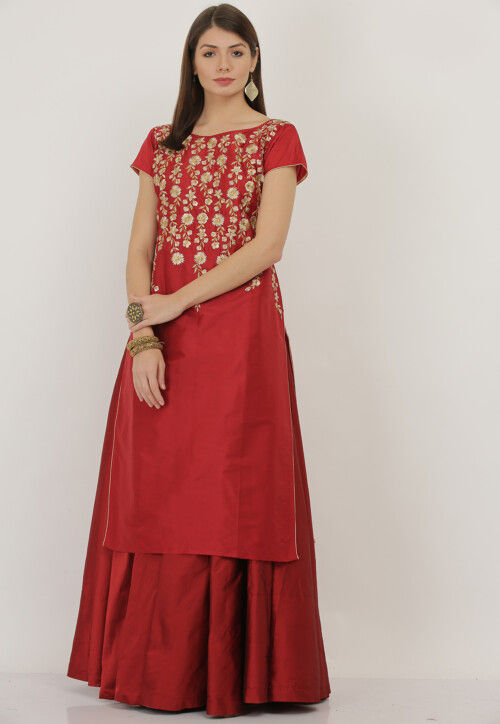 Embroidered Taffeta Silk Lehenga in Maroon