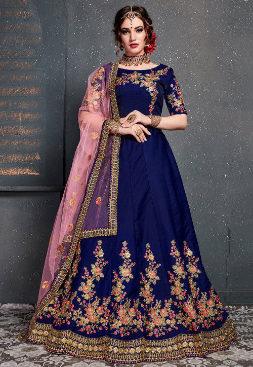 Buy Embroidered Taffeta Silk Lehenga in Navy Blue Online LYC927 Utsav Fashion