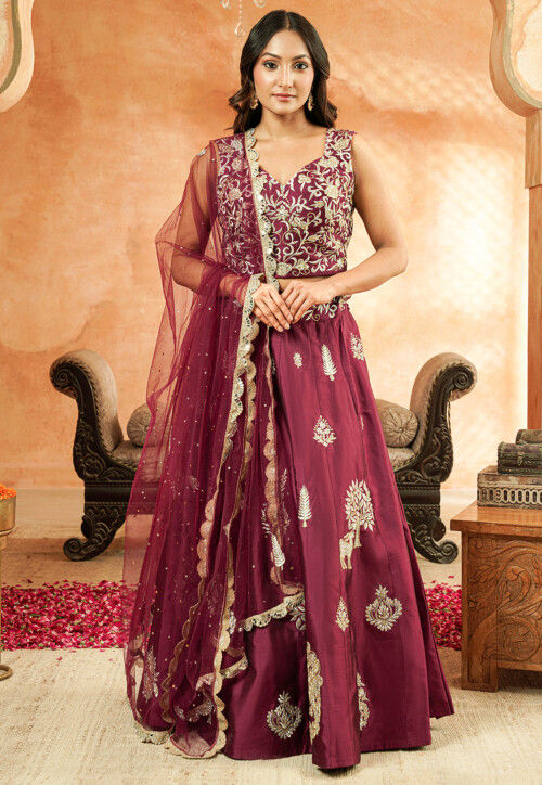 Embroidered Taffeta Silk Lehenga in Wine