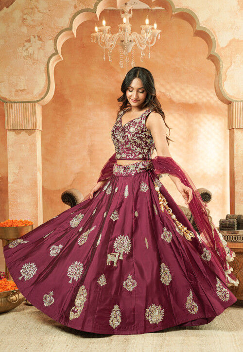 Embroidered Taffeta Silk Lehenga in Wine